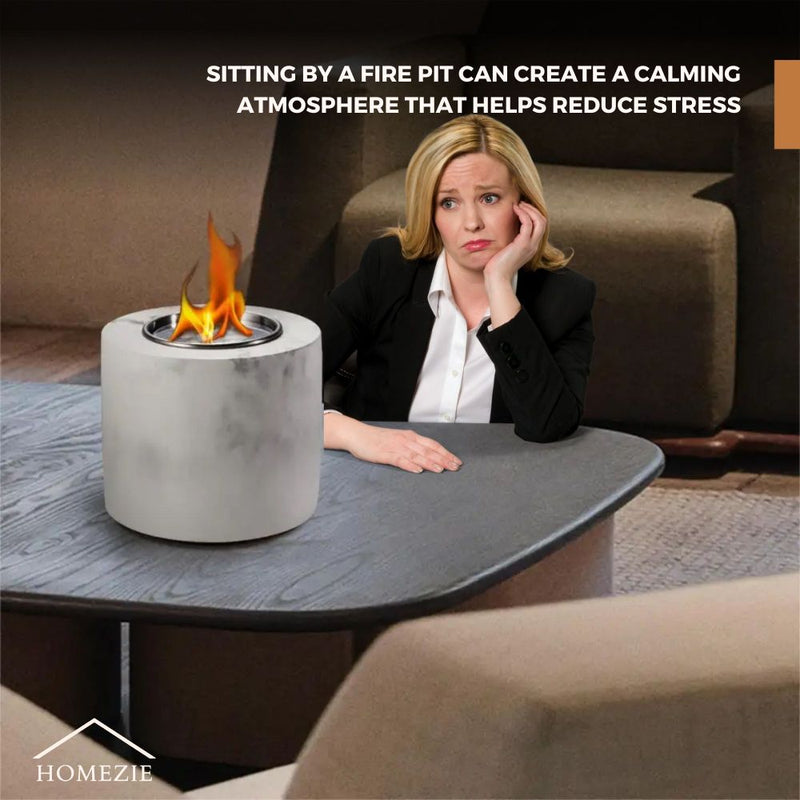 Homezie® Table Fireplace | For Indoor & Outdoor Use | Round Marble Gray | Ambient Fireplace | Bio Ethanol Fireplace