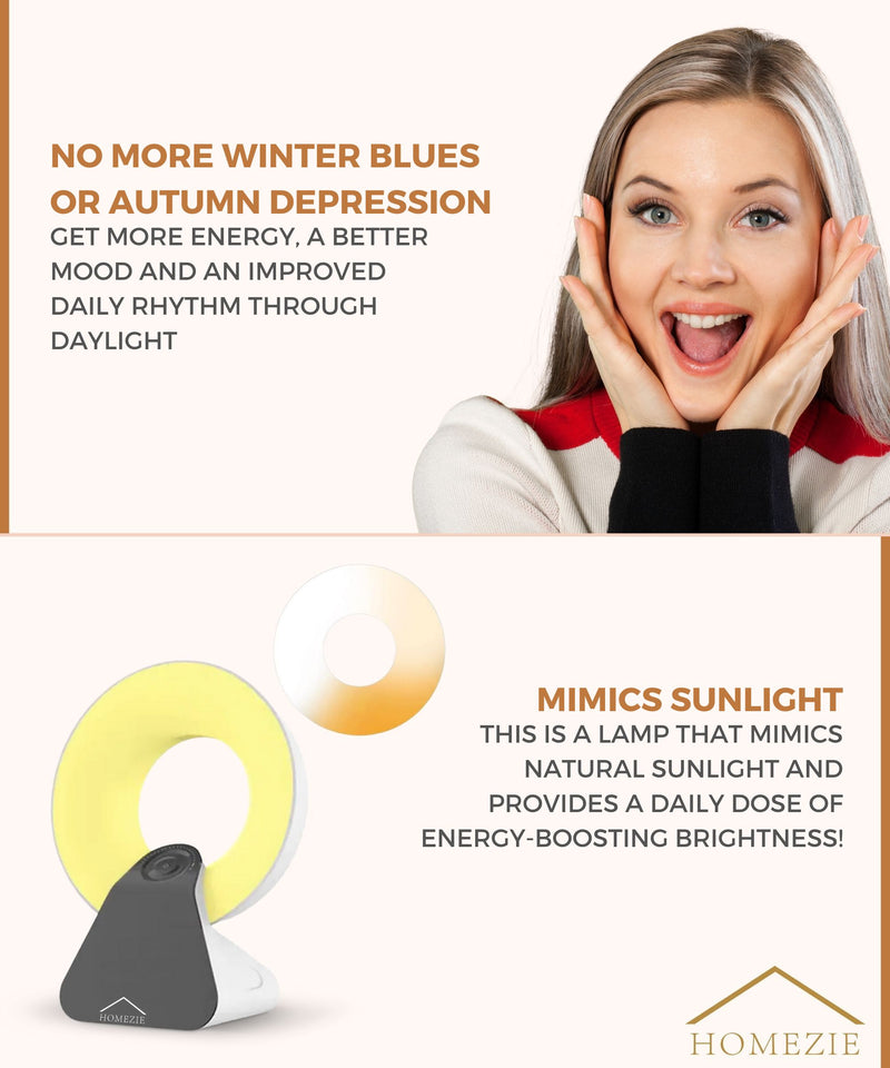 Homezie Daylight Lamp | Wake-Up Light | White Noise Machine | Built-In Timers | 10,000 Lux | Light Therapy Lamp