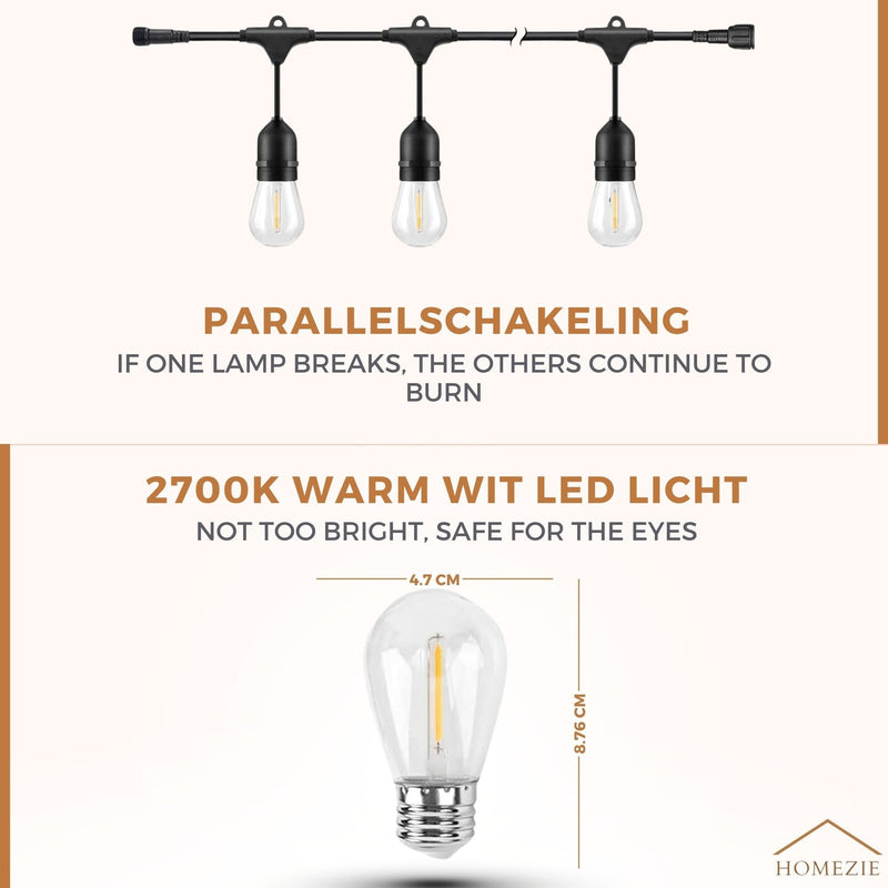Homezie Solar-Powered Light String | IP65 Waterproof | With Remote Control | S14 LED Bulbs | Solar Garden Lighting