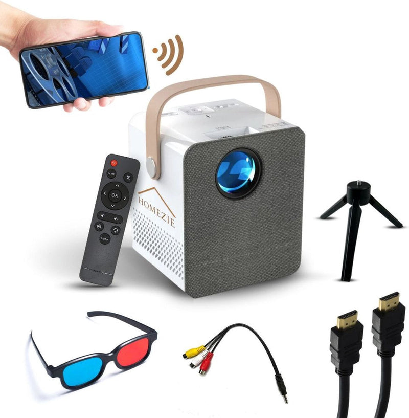 Homezie® Projector | Includes 2 3D Glasses, HDMI Cable, AV Cable, and Stand | Android 9.0 System | 6000 Lumens
