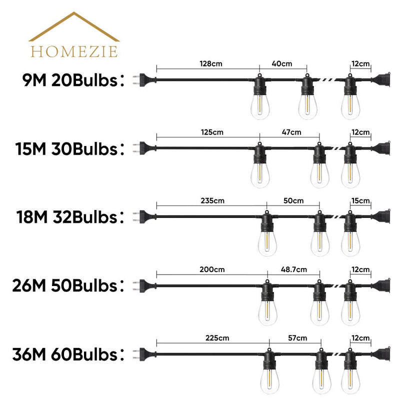 Homezie® fairy lights | IP65 waterproof | plastic S14 LED bulbs | warm white | connectable & dimmable | available in different lengths