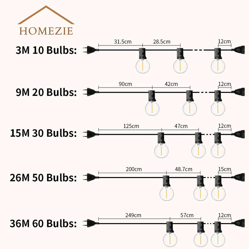 Homezie® Light String | Warm White | G40 LED Bulbs | Waterproof | Dimmable & Connectable | Outdoor Lighting | Available in Multiple Lengths