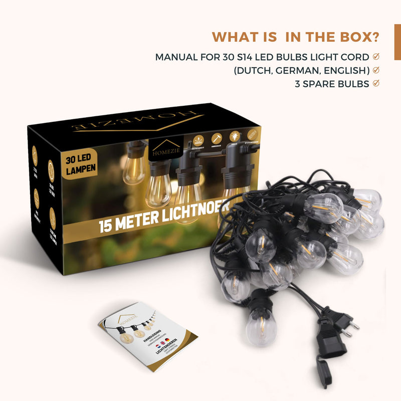 Homezie® fairy lights | IP65 waterproof | plastic S14 LED bulbs | warm white | connectable & dimmable | available in different lengths