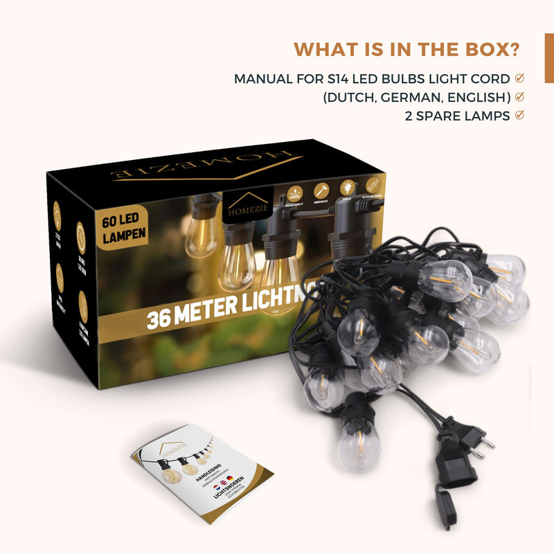 Homezie® fairy lights | IP65 waterproof | plastic S14 LED bulbs | warm white | connectable & dimmable | available in different lengths