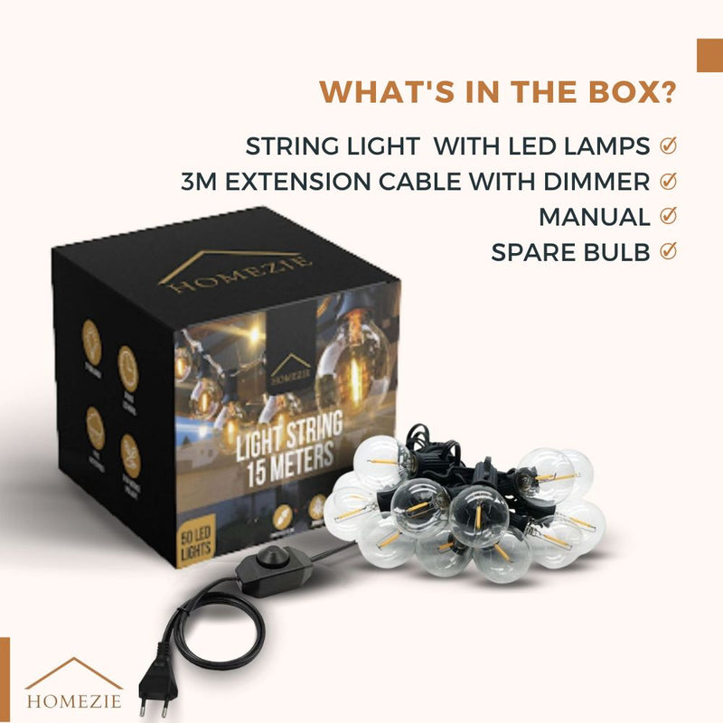 Homezie® Light String | Warm White | G40 LED Bulbs | Waterproof | Dimmable & Connectable | Outdoor Lighting | Available in Multiple Lengths