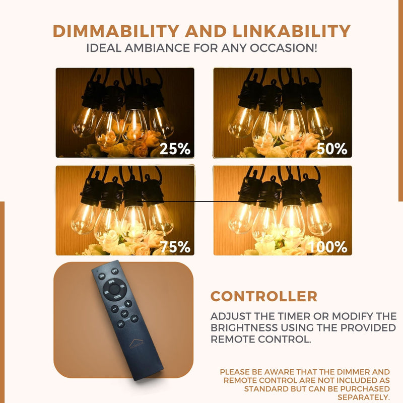 Homezie® fairy lights | IP65 waterproof | plastic S14 LED bulbs | warm white | connectable & dimmable | available in different lengths