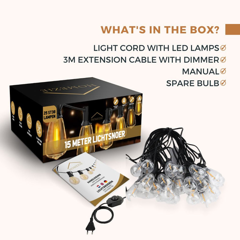 Homezie Light String 15 Meters with 25 Large LED Bulbs | IP45 Waterproof | Warm White | Connectable & Dimmable